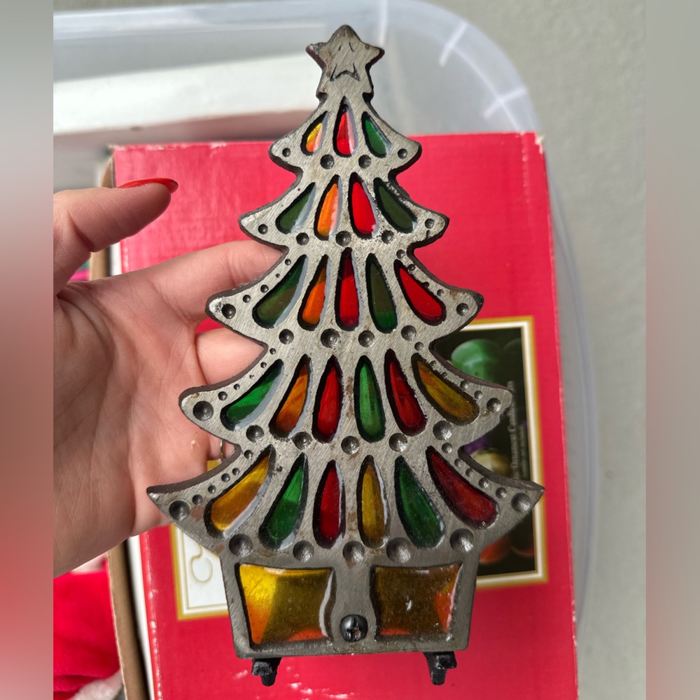 Vintage Taiwan Stained Glass Cast Iron Christmas In July Tree Tea Candle Holder